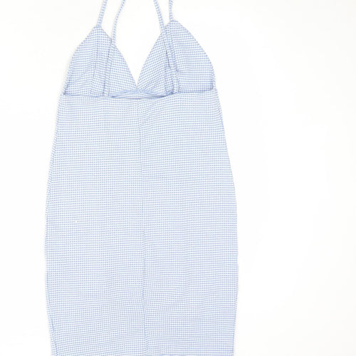 Bershka Womens Blue Gingham Viscose Bodycon Size M V-Neck Pullover