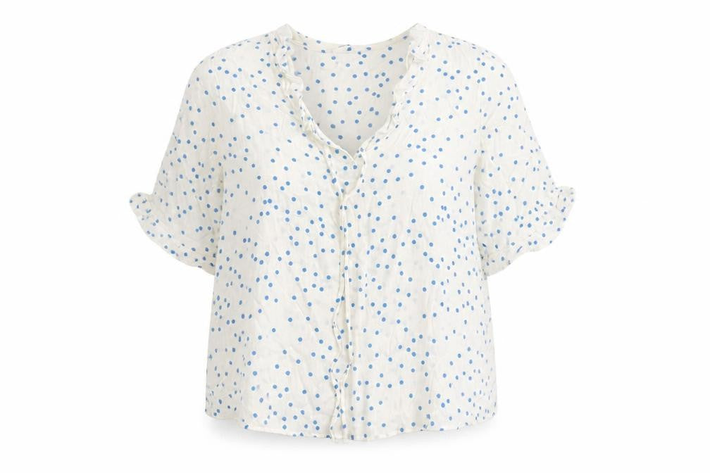 Front view of Marks & Spencer women’s ivory polka dot viscose basic blouse, size UK 18, v-neck