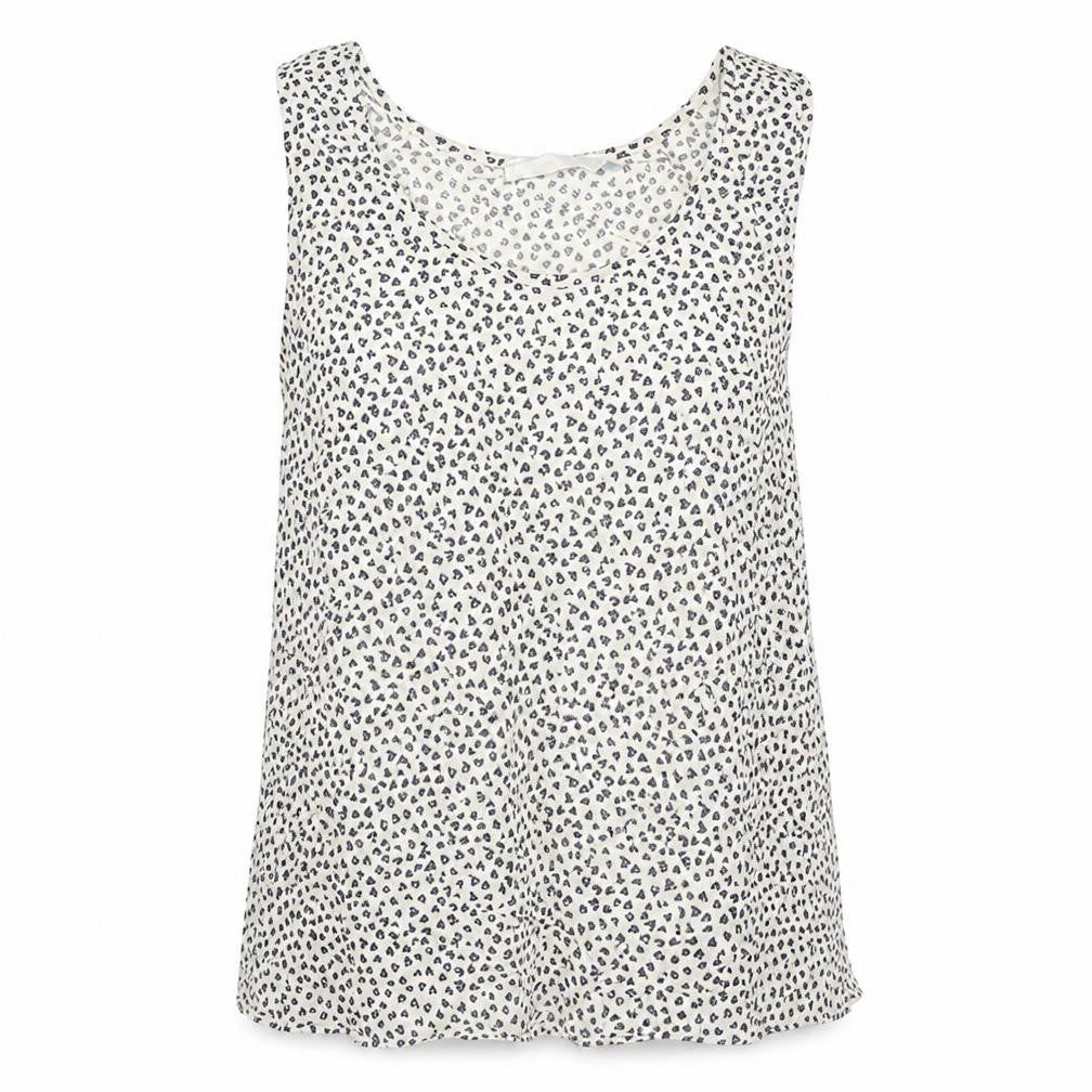 Front view of John Lewis women’s beige geometric viscose basic tank, size UK 14, v-neck - heart pattern