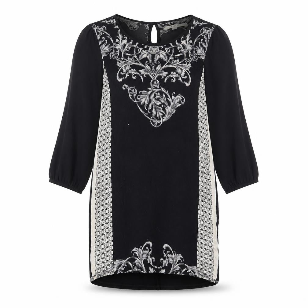 Front view of Next women’s black geometric viscose sheath, size UK 10, round neck button