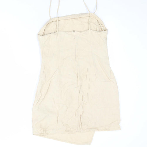 Zara Womens Beige Linen Slip Dress Size L Square Neck Zip