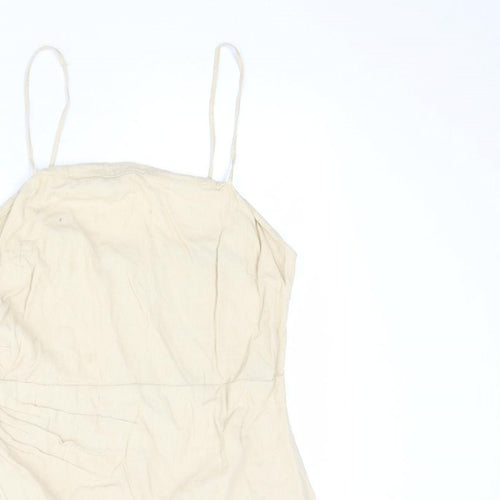 Zara Womens Beige Linen Slip Dress Size L Square Neck Zip
