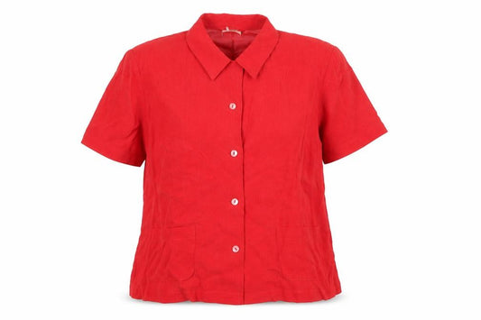 Front view of Country Casuals women’s red cupro basic button-up, size UK 14, collared