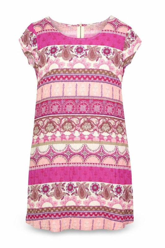 Front view of Anmol women’s multicoloured geometric viscose a-line, size UK 12, round neck zip