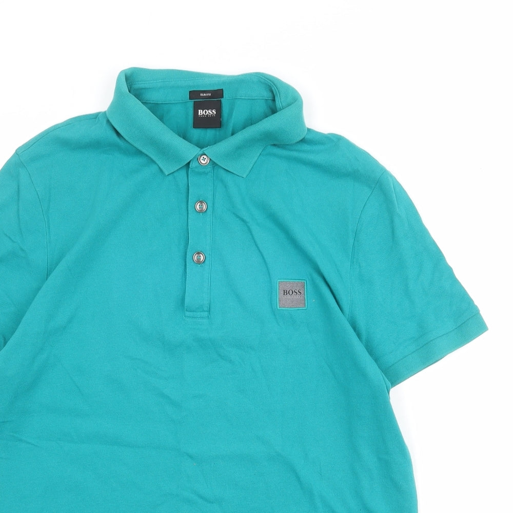 HUGO BOSS Mens Green Cotton Polo Size XL Collared Button