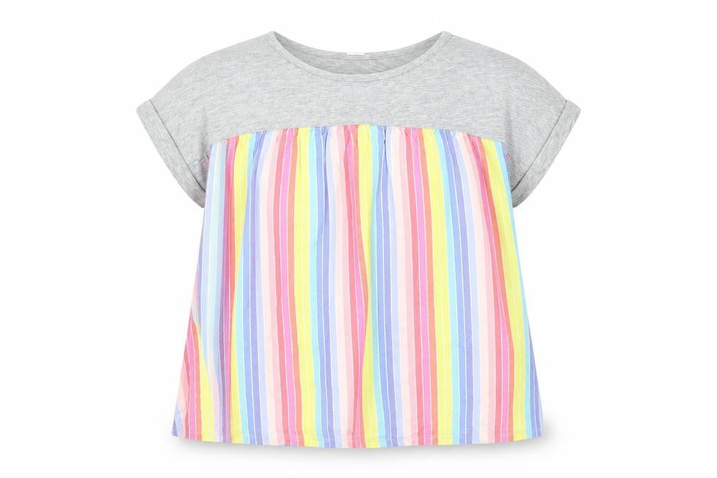 Front view of Gap girls’ multicoloured striped cotton basic t-shirt, size 2XL, boat neck pullover