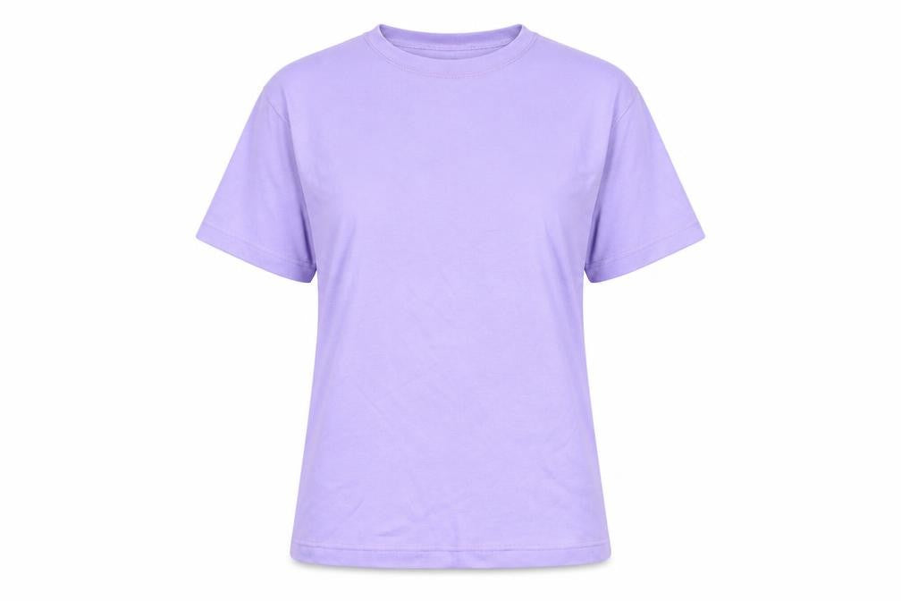 Front view of Bonmarché women’s purple polyester basic t-shirt, size M, round neck