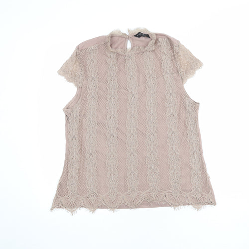 Dorothy Perkins Womens Brown Cotton Basic Blouse Size 16 Mock Neck