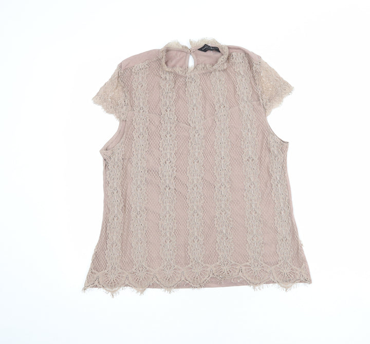 Dorothy Perkins Womens Brown Cotton Basic Blouse Size 16 Mock Neck