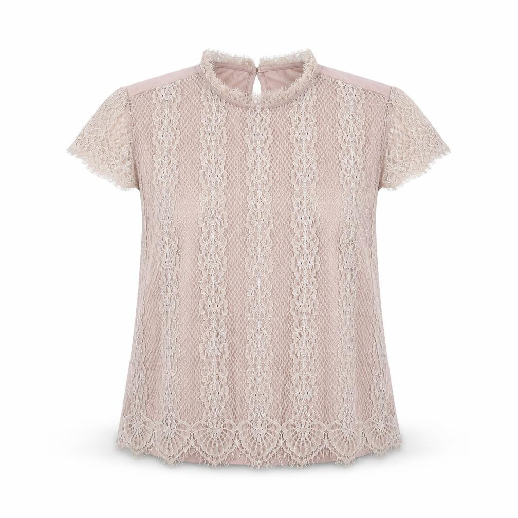 Front view of Dorothy Perkins women’s brown cotton basic blouse, size UK 16, mock neck