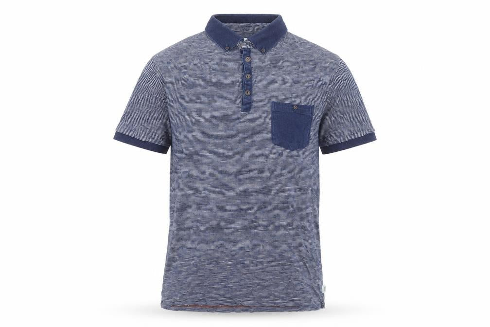 Front view of Next men’s blue striped 100% cotton polo, size M, collared button