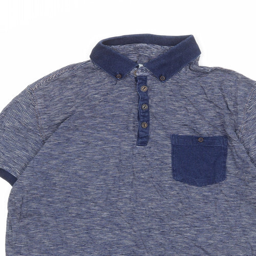 NEXT Mens Blue Striped 100% Cotton Polo Size M Collared Button