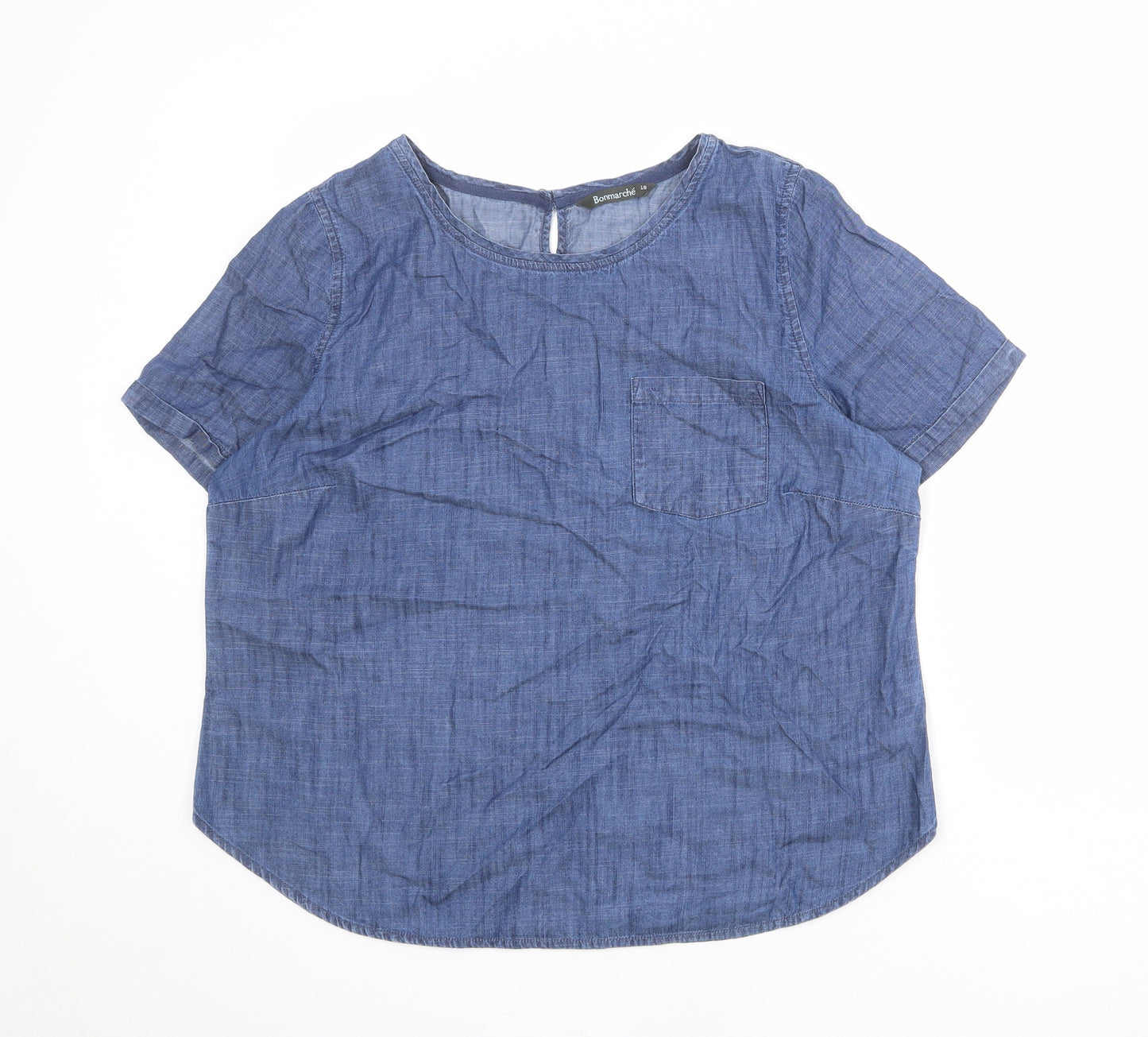 Bonmarché Womens Blue 100% Cotton Basic Blouse Size 18 Boat Neck