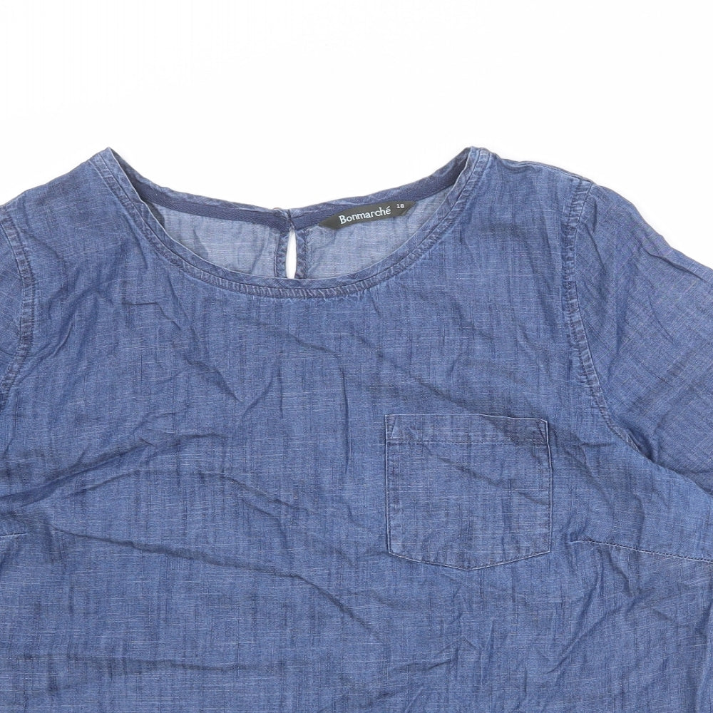 Bonmarché Womens Blue 100% Cotton Basic Blouse Size 18 Boat Neck