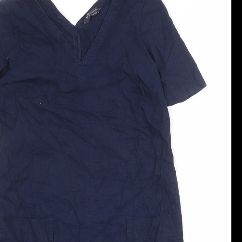 Marks and Spencer Womens Blue Linen A-Line Size 14 V-Neck Pullover