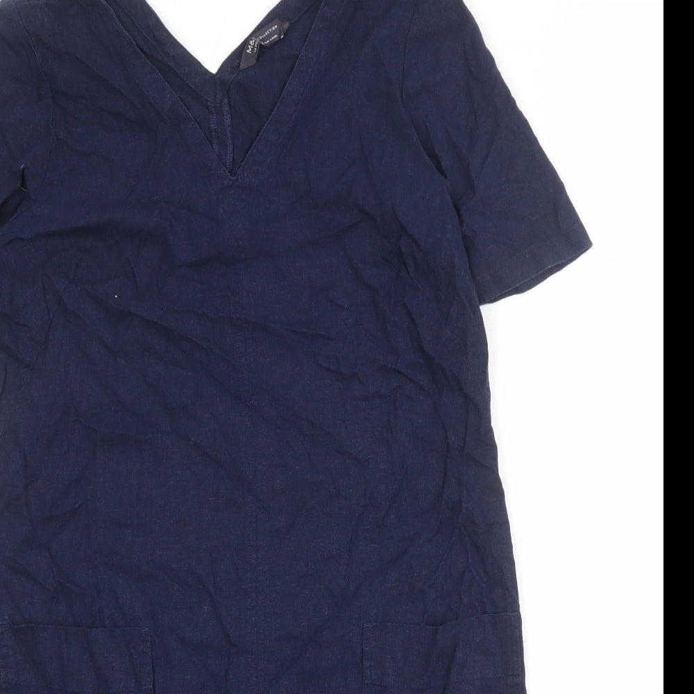 Marks and Spencer Womens Blue Linen A-Line Size 14 V-Neck Pullover