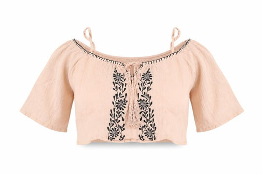 Front view of ASOS women’s pink cotton basic blouse, size UK 8, off the shoulder