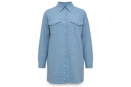 Front view of Missguided women’s blue polyester shirt dress, size UK 12, collared button