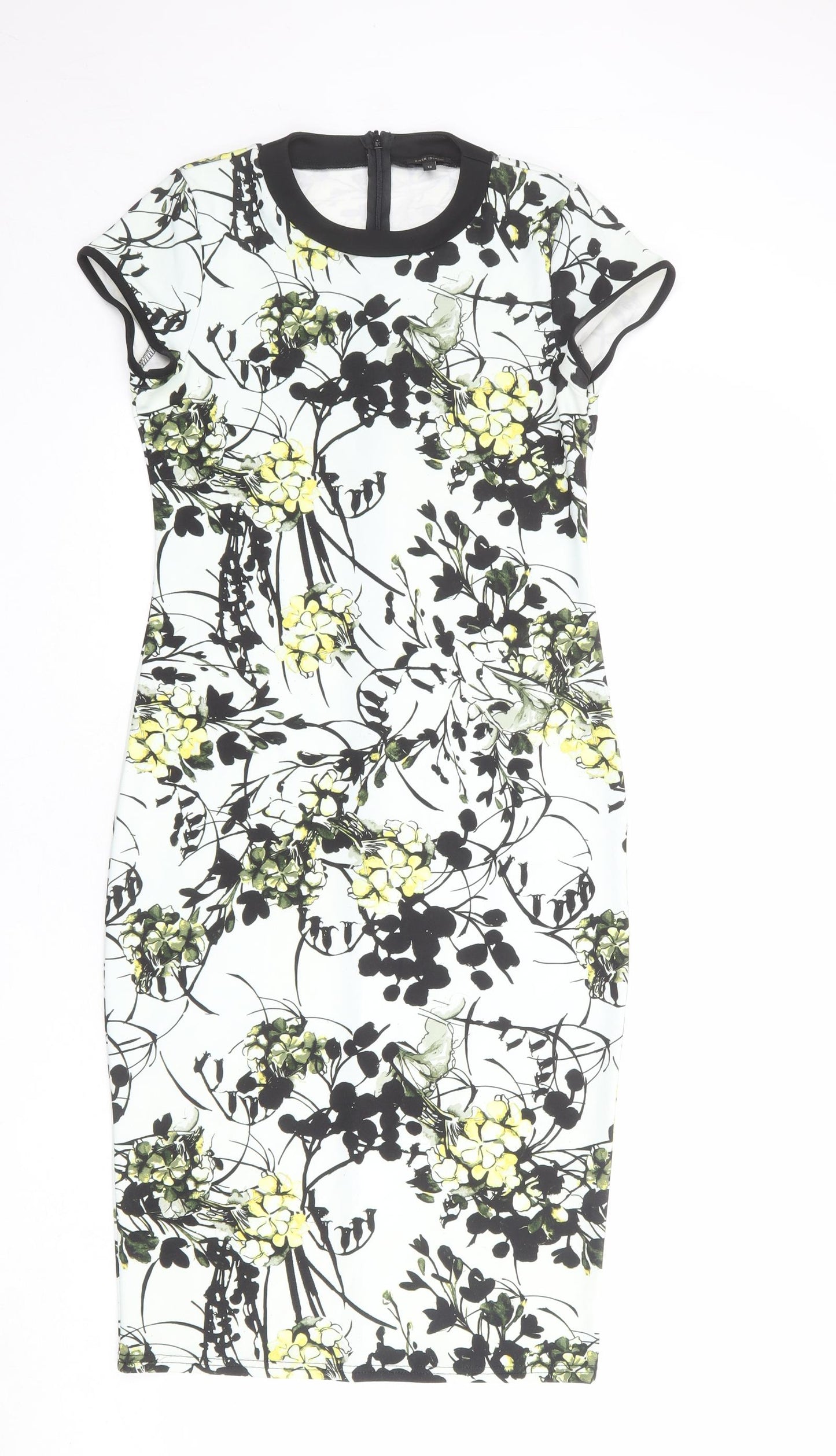 River Island Womens Blue Floral Polyester Shift Size 12 Round Neck Zip