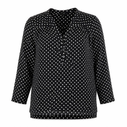 Front view of H&M women’s black polka dot polyester basic blouse, size S, v-neck