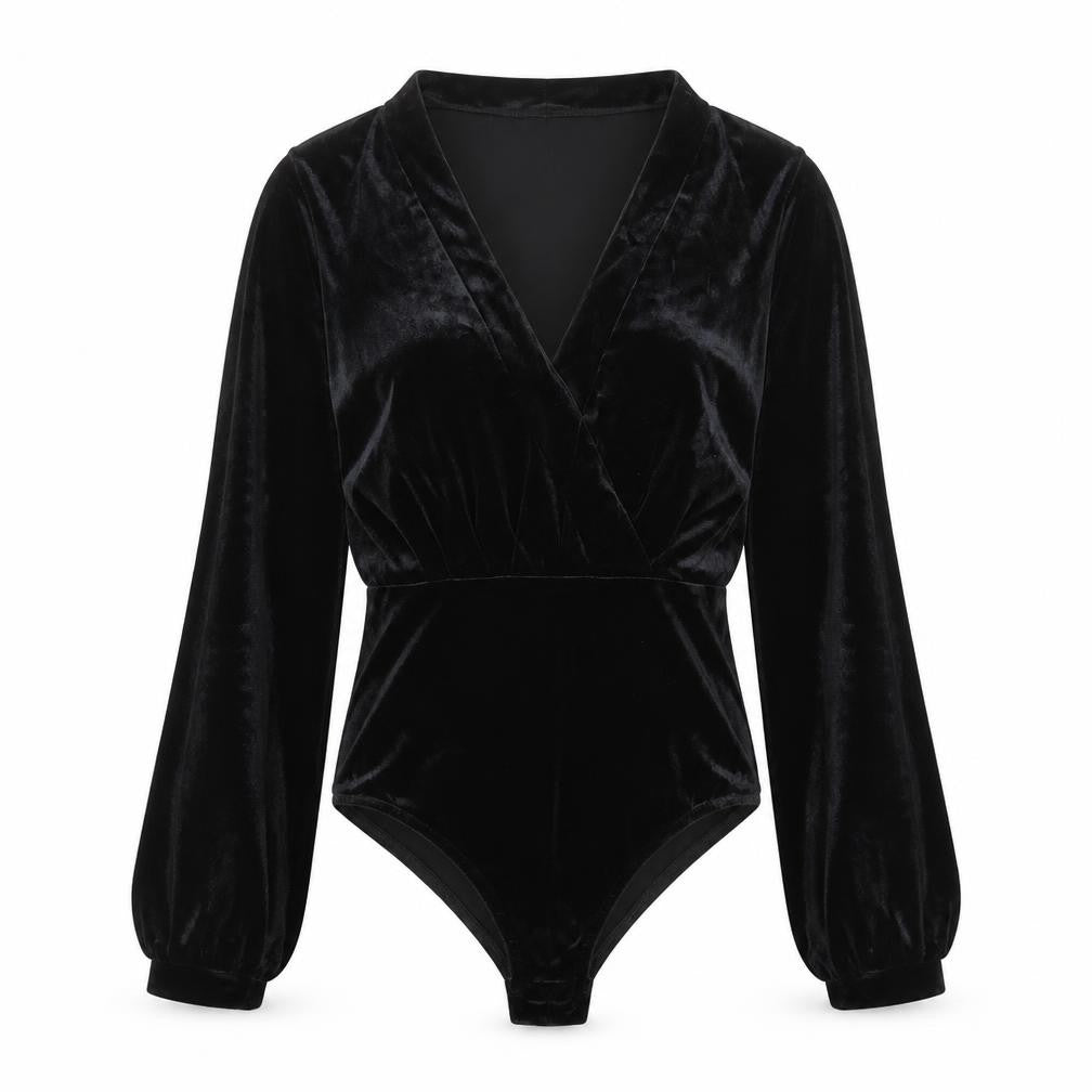 Front view of Vera & Lucy women’s black polyester bodysuit one-piece, size UK 10, snap