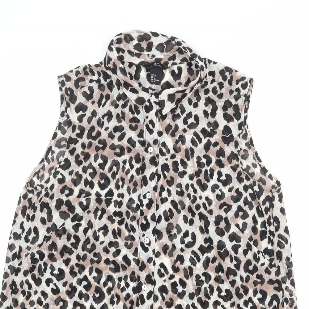 H&M Womens Multicoloured Animal Print Polyester Basic Button-Up Size 12 Collared - Leopard Print