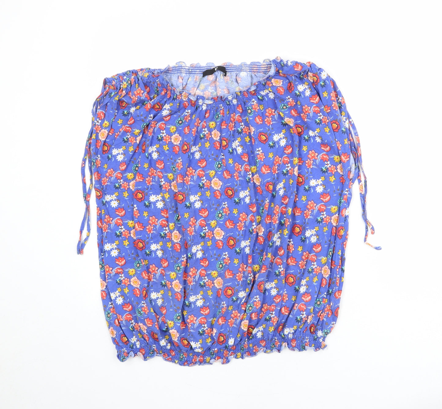 Very Womens Blue Floral 100% Cotton Basic Blouse Size 24 Boat Neck - Ruched Shoulder Detail