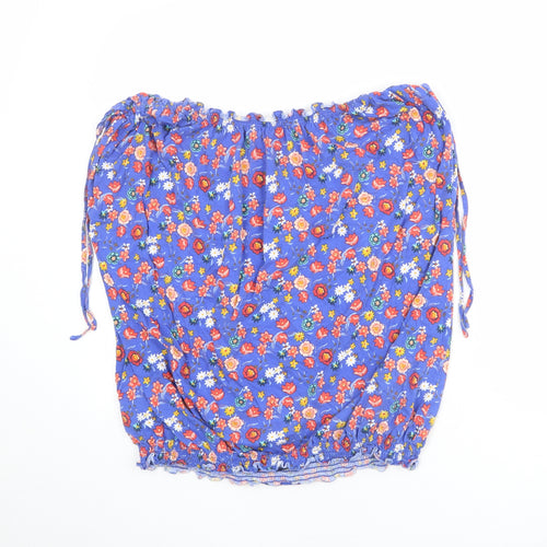 Very Womens Blue Floral 100% Cotton Basic Blouse Size 24 Boat Neck - Ruched Shoulder Detail