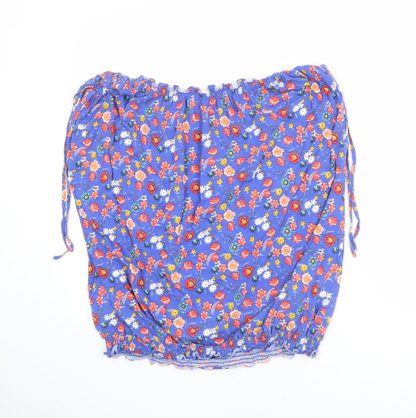 Very Womens Blue Floral 100% Cotton Basic Blouse Size 24 Boat Neck - Ruched Shoulder Detail