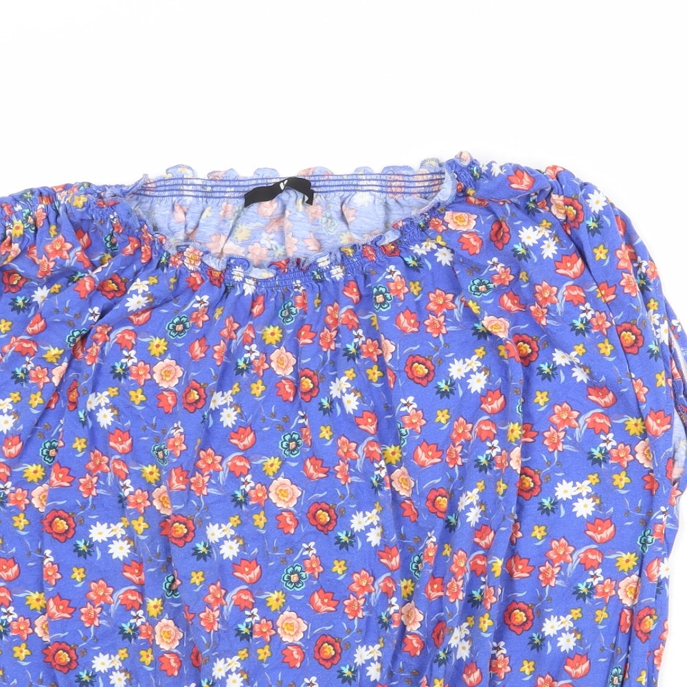 Very Womens Blue Floral 100% Cotton Basic Blouse Size 24 Boat Neck - Ruched Shoulder Detail