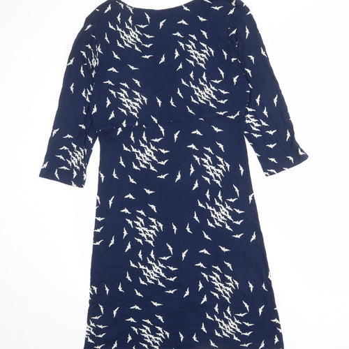 Fat Face Womens Blue Geometric Viscose A-Line Size 14 V-Neck Pullover - Bird pattern