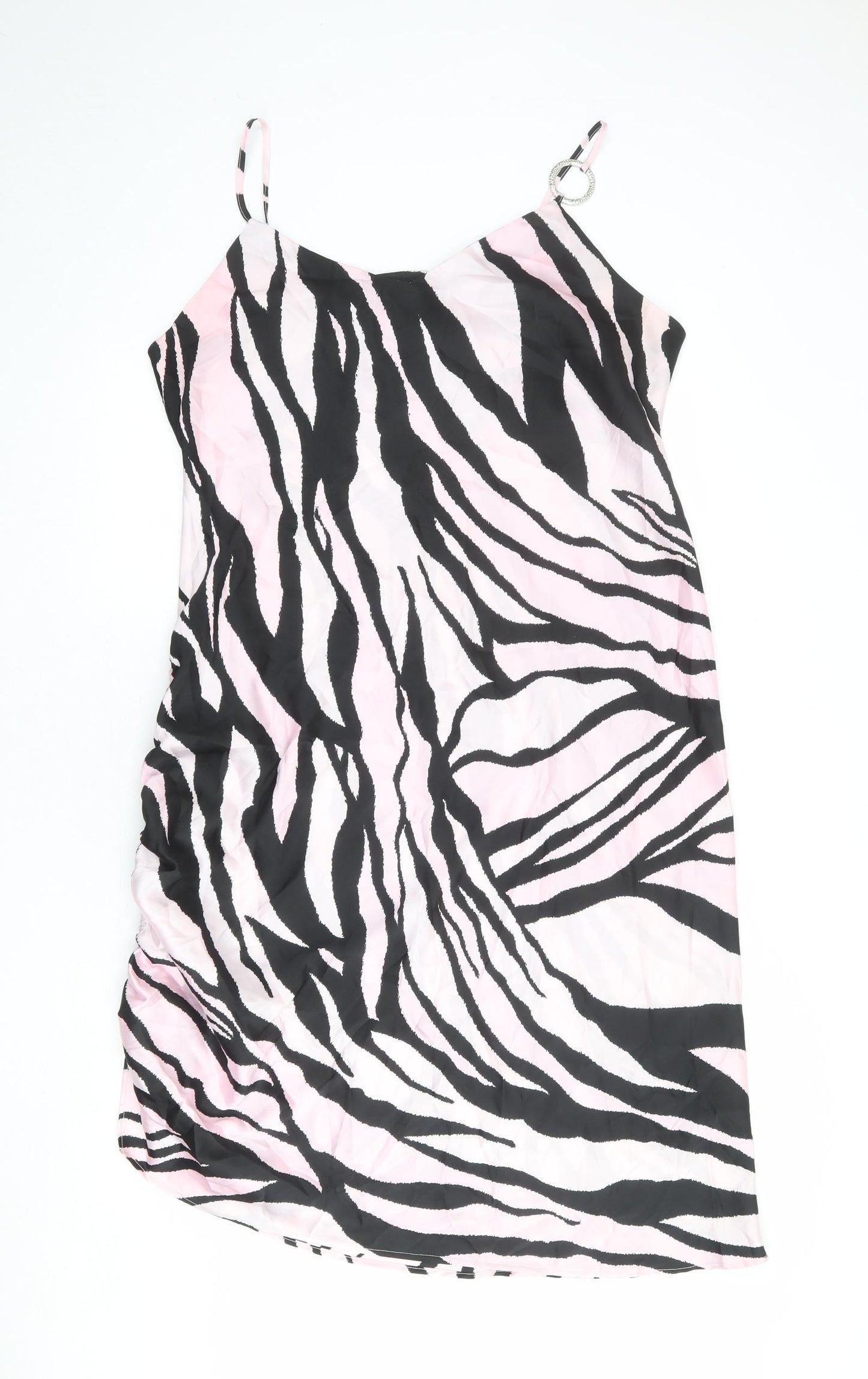 River Island Womens Pink Animal Print Polyester Slip Dress Size 18 V-Neck Pullover - Tiger pattern