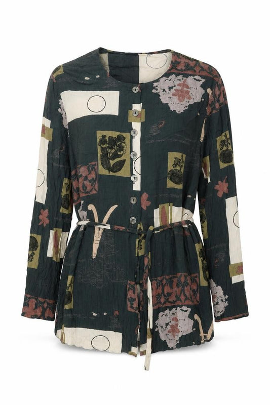 Front view of Hamells women’s green geometric viscose basic button-up, size UK 10, round neck