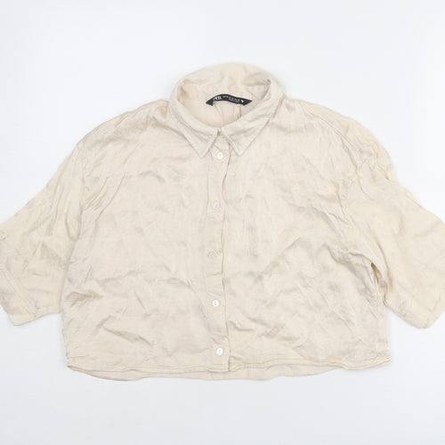 Zara Womens Ivory Viscose Cropped Button-Up Size XS Collared
