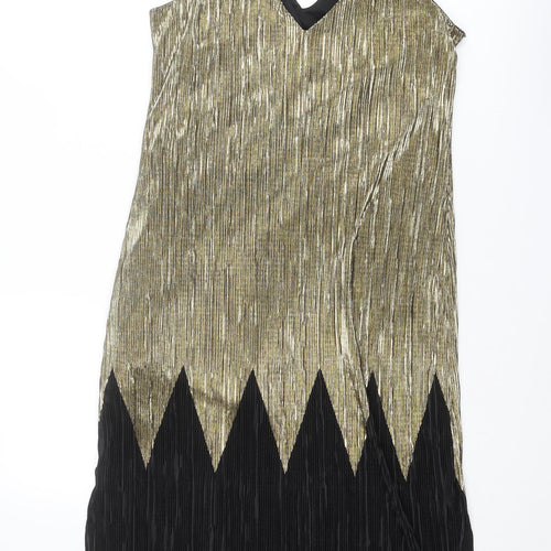 River Island Womens Gold Colourblock Polyester Slip Dress Size 10 V-Neck Pullover