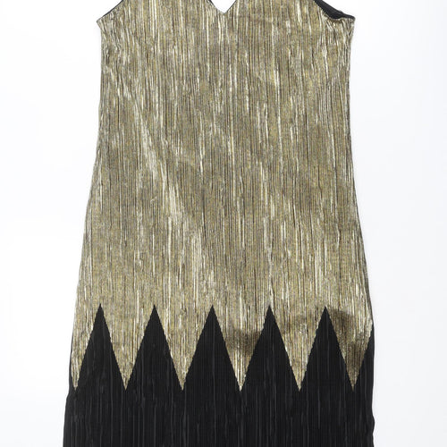 River Island Womens Gold Colourblock Polyester Slip Dress Size 10 V-Neck Pullover