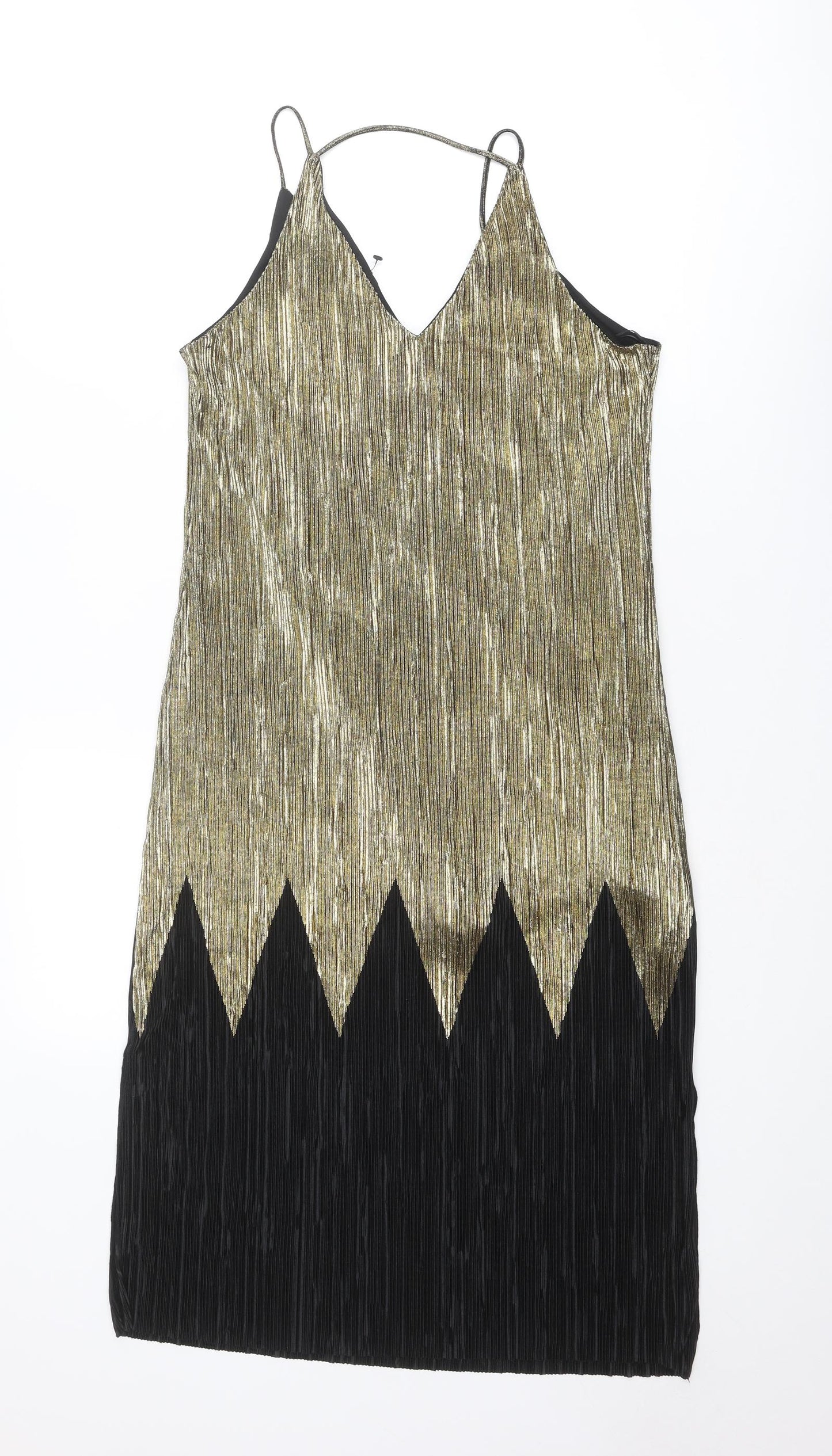 River Island Womens Gold Colourblock Polyester Slip Dress Size 10 V-Neck Pullover