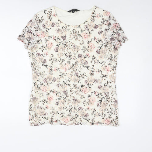 Dorothy Perkins Womens Ivory Floral Cotton Basic T-Shirt Size 14 Boat Neck