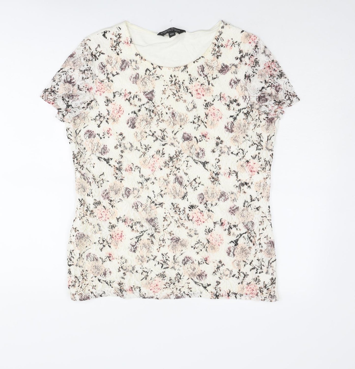 Dorothy Perkins Womens Ivory Floral Cotton Basic T-Shirt Size 14 Boat Neck