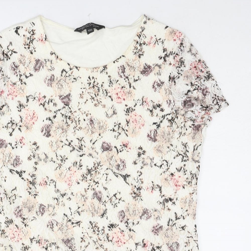 Dorothy Perkins Womens Ivory Floral Cotton Basic T-Shirt Size 14 Boat Neck