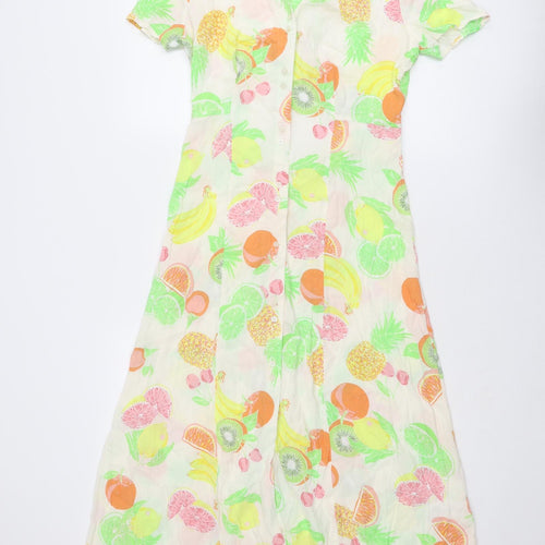 Warehouse Womens Multicoloured Geometric Viscose A-Line Size 14 V-Neck Button - Fruit pattern