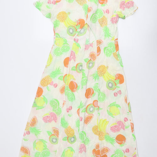 Warehouse Womens Multicoloured Geometric Viscose A-Line Size 14 V-Neck Button - Fruit pattern