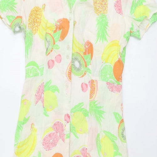 Warehouse Womens Multicoloured Geometric Viscose A-Line Size 14 V-Neck Button - Fruit pattern