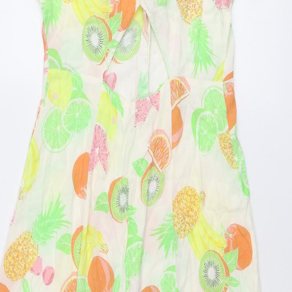 Warehouse Womens Multicoloured Geometric Viscose A-Line Size 14 V-Neck Button - Fruit pattern