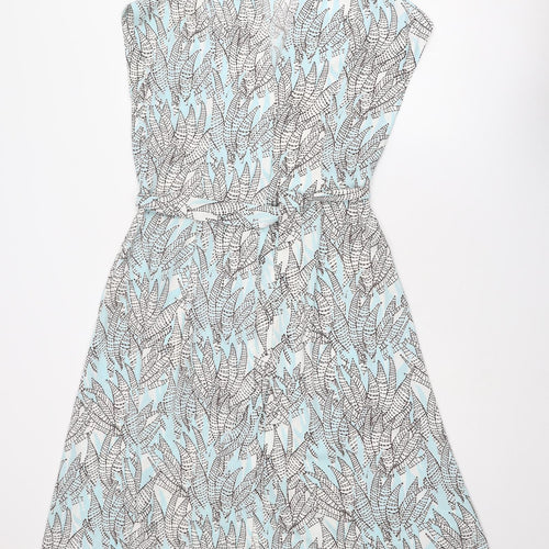 H&M Womens Blue Geometric Polyester A-Line Size 8 V-Neck Button