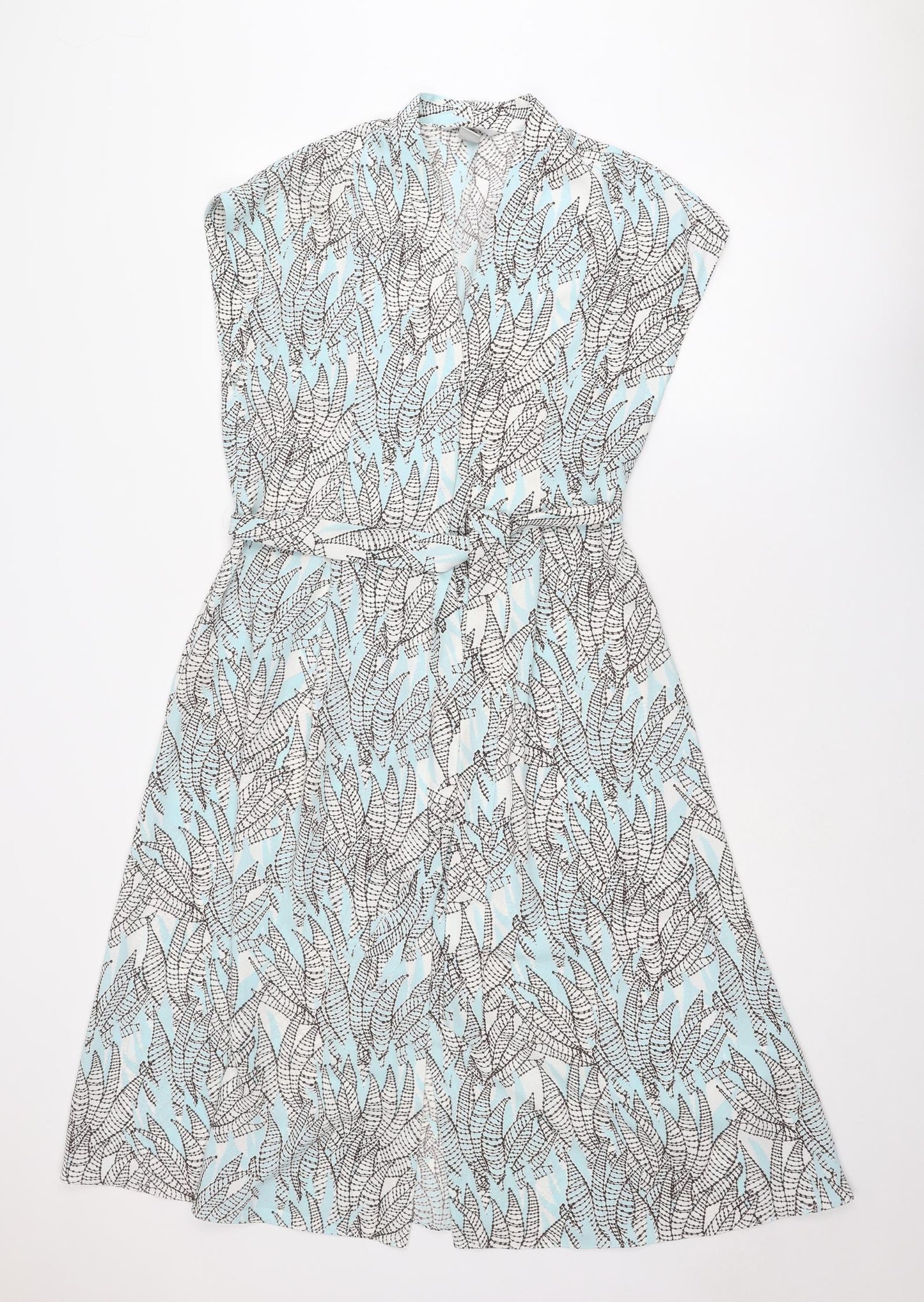 H&M Womens Blue Geometric Polyester A-Line Size 8 V-Neck Button