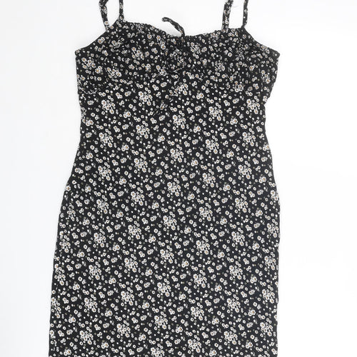 Brave Soul Womens Black Floral Cotton Slip Dress Size S Round Neck Tie