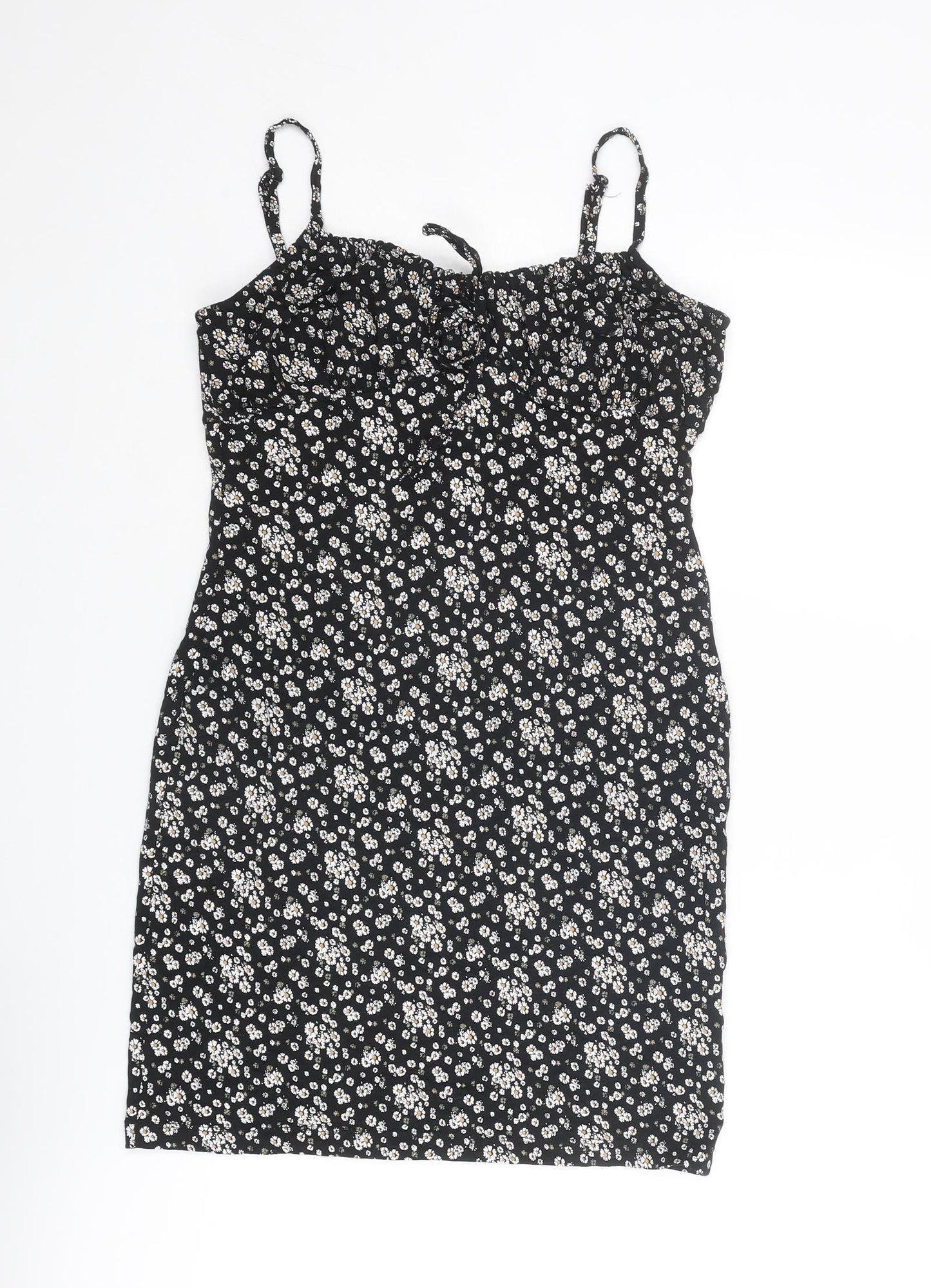 Brave Soul Womens Black Floral Cotton Slip Dress Size S Round Neck Tie