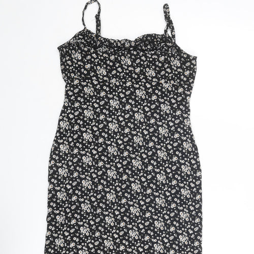 Brave Soul Womens Black Floral Cotton Slip Dress Size S Round Neck Tie