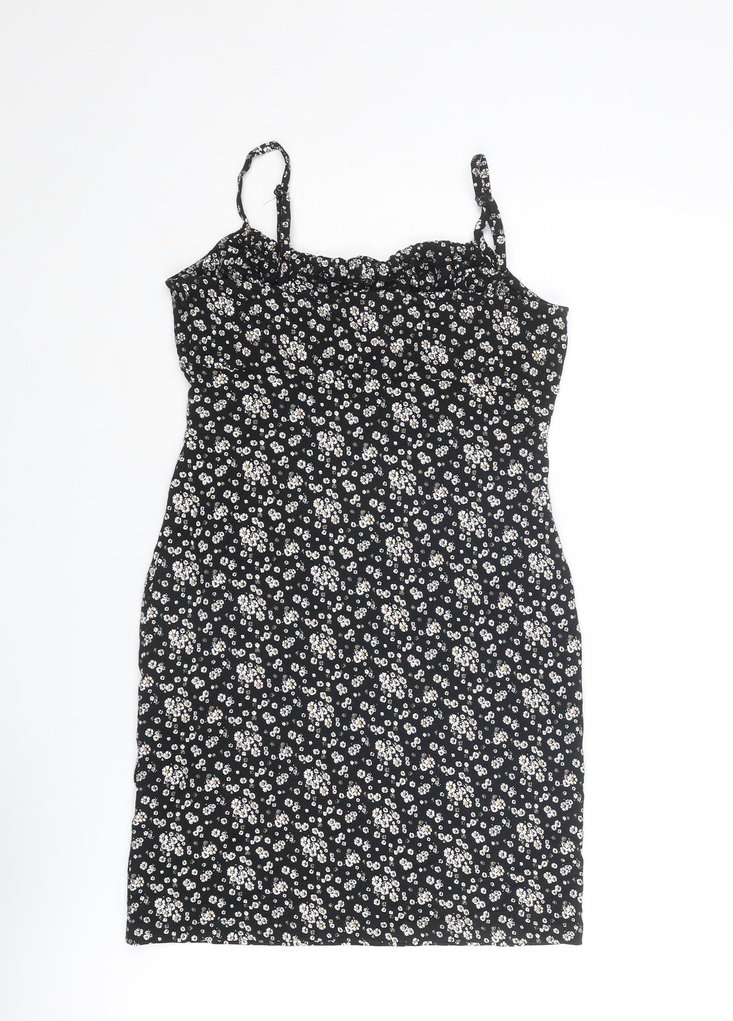 Brave Soul Womens Black Floral Cotton Slip Dress Size S Round Neck Tie